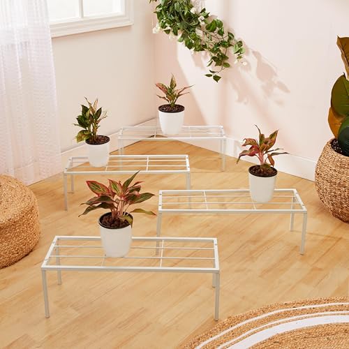 Image of Amazon Brand - Solimo Metal Plant Stand (Set of 4, White) - Powder-Coated Iron, Heavy-Duty, Corrosion-Resistant, Indoor & Outdoor Use, 20x60x20 cm, Holds up to 50 kg