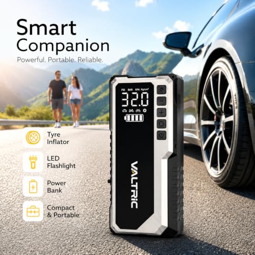 Image of Cordless Tyre Inflator Air for Car and Bike 5200mAh with Digital Display, Auto Cut-Off, LED Flashlight, Emergency SOS Light & Power Bank Support for Car, Bike, Bicycle & Ball