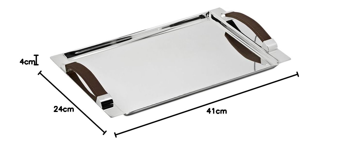 EDZARD Bandeja de Servicio Cairo, Rectangular, Plateada, con Asas Decorativas de Cuero sintético, 41 x 24 cm