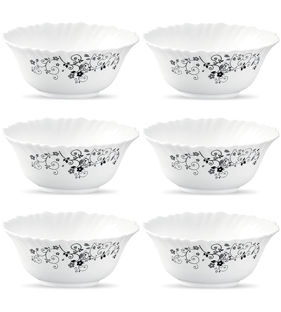 Crocera LaOpala Classique Mysterio Black Vegetable Bowl, Set of 6 Pcs, (200ml, Super White), Microwave Safe, OpalGlass