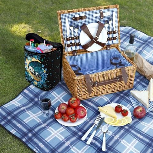 Image of Talayituse Panda Moon Flower Print Car Trash Can with Adjustable Straps, Foldable Car Trash Bag Bin Car Garbage Bag Multipurpose Storage Box for Vehicle Travel Camping Picnicing