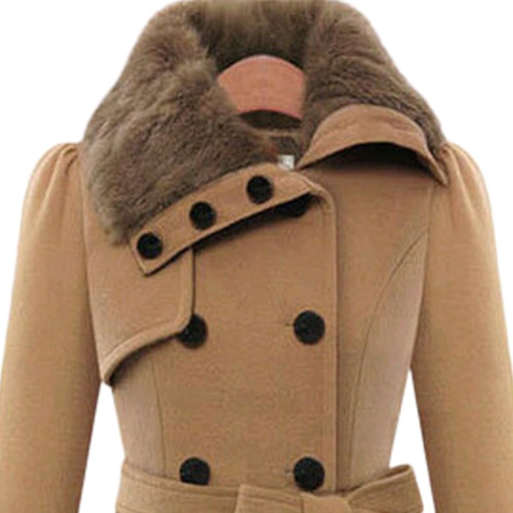 Cappotto invernale da donna con collo in pelliccia sintetica, doppiopetto, cintura, caldo, stile pecorino, giacca soprabito.
