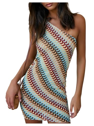 GORGLITTER Women's Boho Mini Dress Asymmetrical One Shoulder Striped Sleeveless Dresses Birthday Party Night Sundresses Multicolor Small : Clothing, Shoes & Jewelry