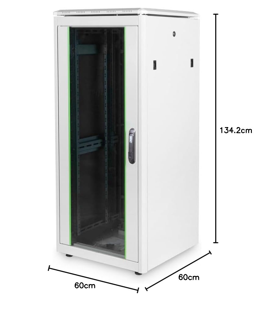 DIGITUS Szafa sieciowa – szafa rack 19 cali – 26U – 60 x 60 cm – głębokość użytkowa 54,3 cm – nośność 1200 kg – wolnostojąca – Szklane drzwi – stopień ochrony IP20 – seria Unique – szary