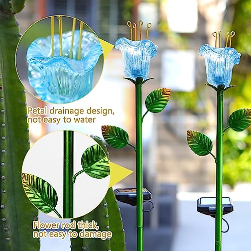 Joyathome Garden Solar Stake Lights Outdoor, 2 Pack Solar Powered Metal Stake Lights with Blue Bell Glass Lily LED Decorative Garden Lights for Walkway,Pathway,Lawn, Courtyard