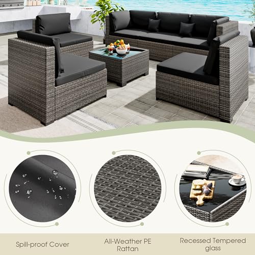 Image of LHBcraft 7 Piece Patio Outdoor Furniture Set, All-Weather Wicker Black Outdoor Sectional Patio Sofa, Rattan Outside Furniture with Cushion and Glass Coffee Table