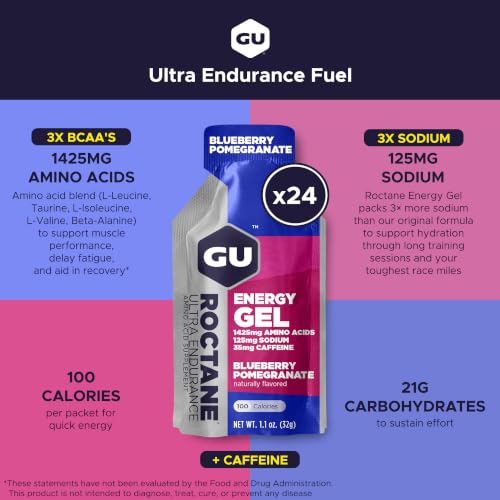 Image of GU Energy Roctane Ultra Endurance Energy Gel, Vegan, Gluten-Free, Kosher, and Dairy-Free On-The-Go Sports Nutrition for Running, Biking, Hiking or Skiing, Blueberry Pomegranate, 24-Count