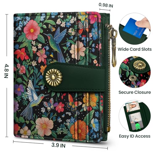 Image of Small Wallet for Women, RFID Blocking Bifold Card Holder Wallet with 10 Card Slots, Cash Compartment, Zipper Coin Pocket & ID Window, Cute Soft Vegan Leather Compact Wallet, Hummingbird