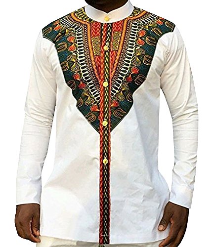 Makkrom Men's Long Sleeve Tribal Dashiki Floral Top Blouse (XX-Large, White4)