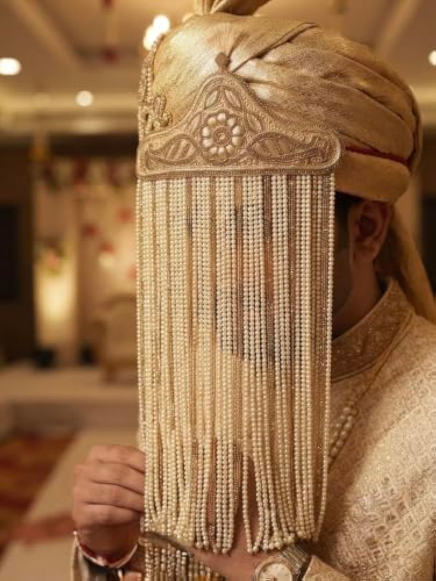 Designer Pearl Beaded Sehra for Groom with Gift Box