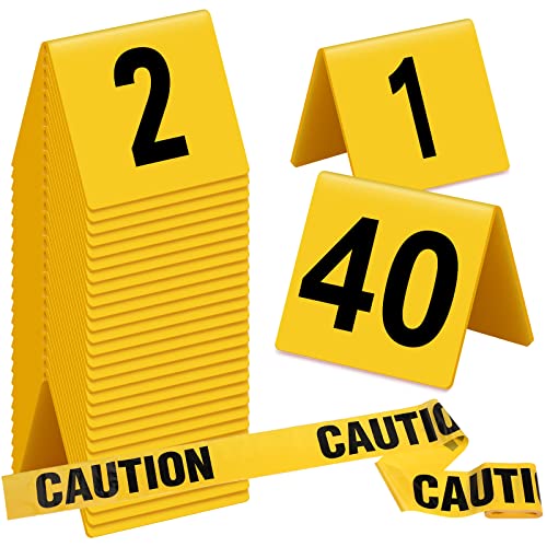 42 Pieces Crime Scene Decorations Kit, Including 40 Pcs 1-40 Evidence Markers Crime Scene Tents and 2 Caution Barricade Tape for Murder Theme Evidence Markers Halloween Party Favor Supplies