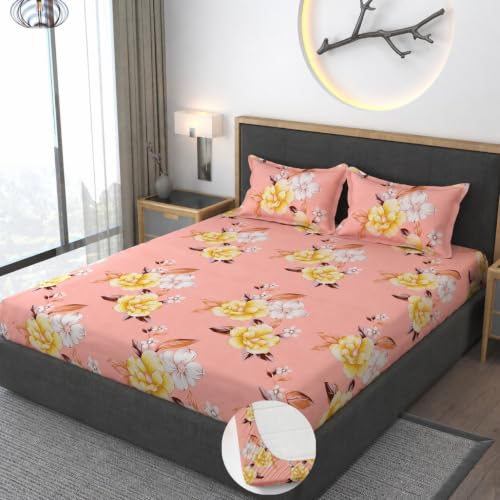 Image of Vaini Premium Heavy Cotton Elastic Fitted Bedsheets with 2 King Size Pillow Covers || Double Bed with All Around Elastic 350 TC || 60 x 78 x 8 Inch Queen Size Fitted || :- Baby Pink Flower