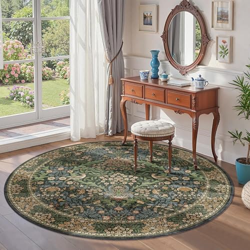 Tapete redondo 6 ft floral boho vintage verde lavable miniatura 6