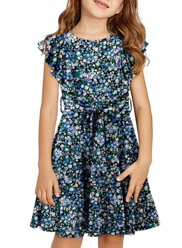 storeofbaby Girls Floral Printed Dresses Classic Round Neck Flowy Loose Fit Midi Sundress, 8-9 Years