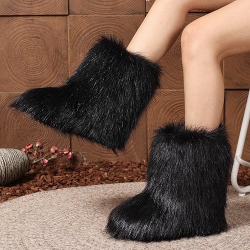 Women Faux Fur Furry Boot Fluffy Mid Calf Snow Boots Round Toe Suede Comfy Warm Flat Shoes Winter For Girl4