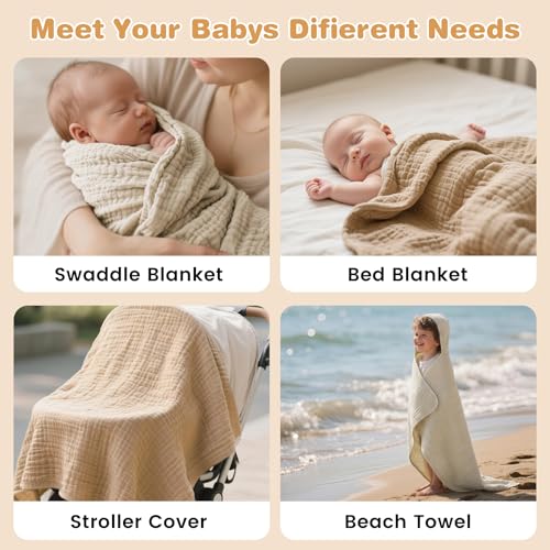 Image of Muslin Hooded Baby Towels 2-Pack, 6-Layer 100% Cotton Baby Bath Towels for Newborns, Infants and Toddlers, Large 32 x 32 Inch, Ultra-Soft, Highly Absorbent Hooded Bath Essentials, Beige & Coffee