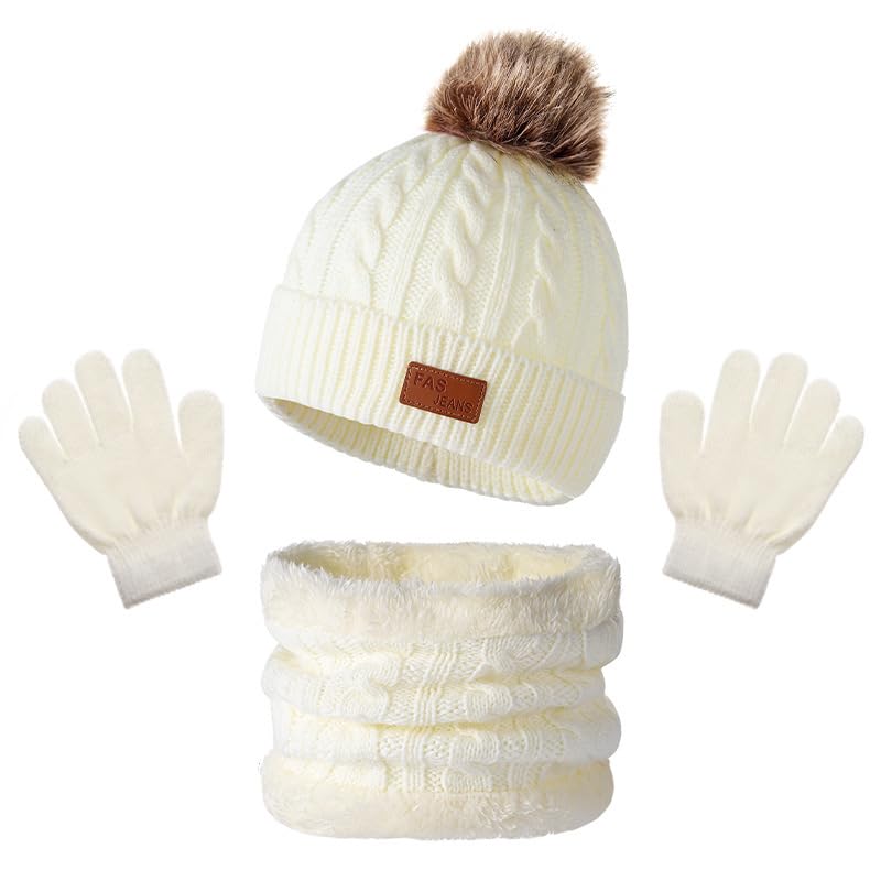 Winmany 3PCS Kids Winter Hats Gloves Scarf Set Toddler Fleece Neck Warmer Beanie Hat with Pom Knit Mittens Set for Girl Boy