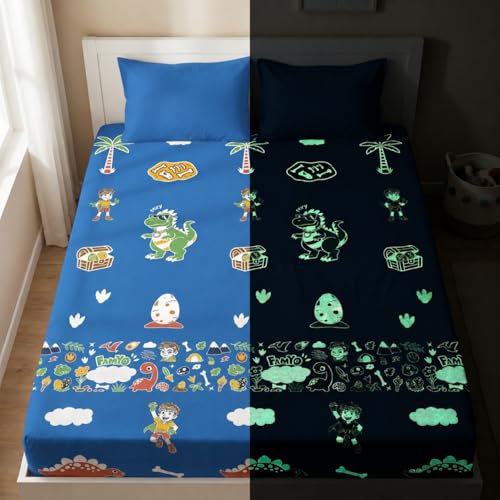 Famyo Glow in The Dark King Size Bedsheet with 2 Pillow Covers | Elastic Fitted Cotton Blend Microfiber Bed Sheet | 300 TC Soft Kids Bedsheet with June the Unicorn (Glow Maxx Series) (Blue)