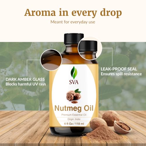 Image of SVA Nutmeg Essential Oil, Glass Bottle with Dropper, 4 Fl Oz (118 ml) | Nutmeg Essential Oil for Diffuser, Massage, Skin, Hair, Perfume Making, Soap Making, Candle Making, Fragrance & DIY Blending