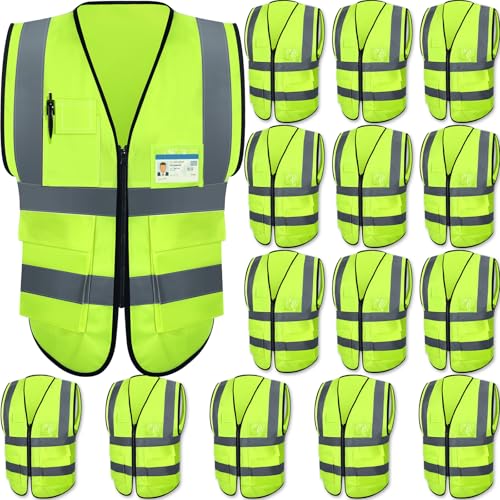 Image of JaGely 15 Pack Safety Vests with Pockets Zipper,Medium,Fluorescent Green | High Visibility Reflective Stripes, Construction Approved, Breathable Mesh, Bulk for Work Teams, Unisex Fit Workers