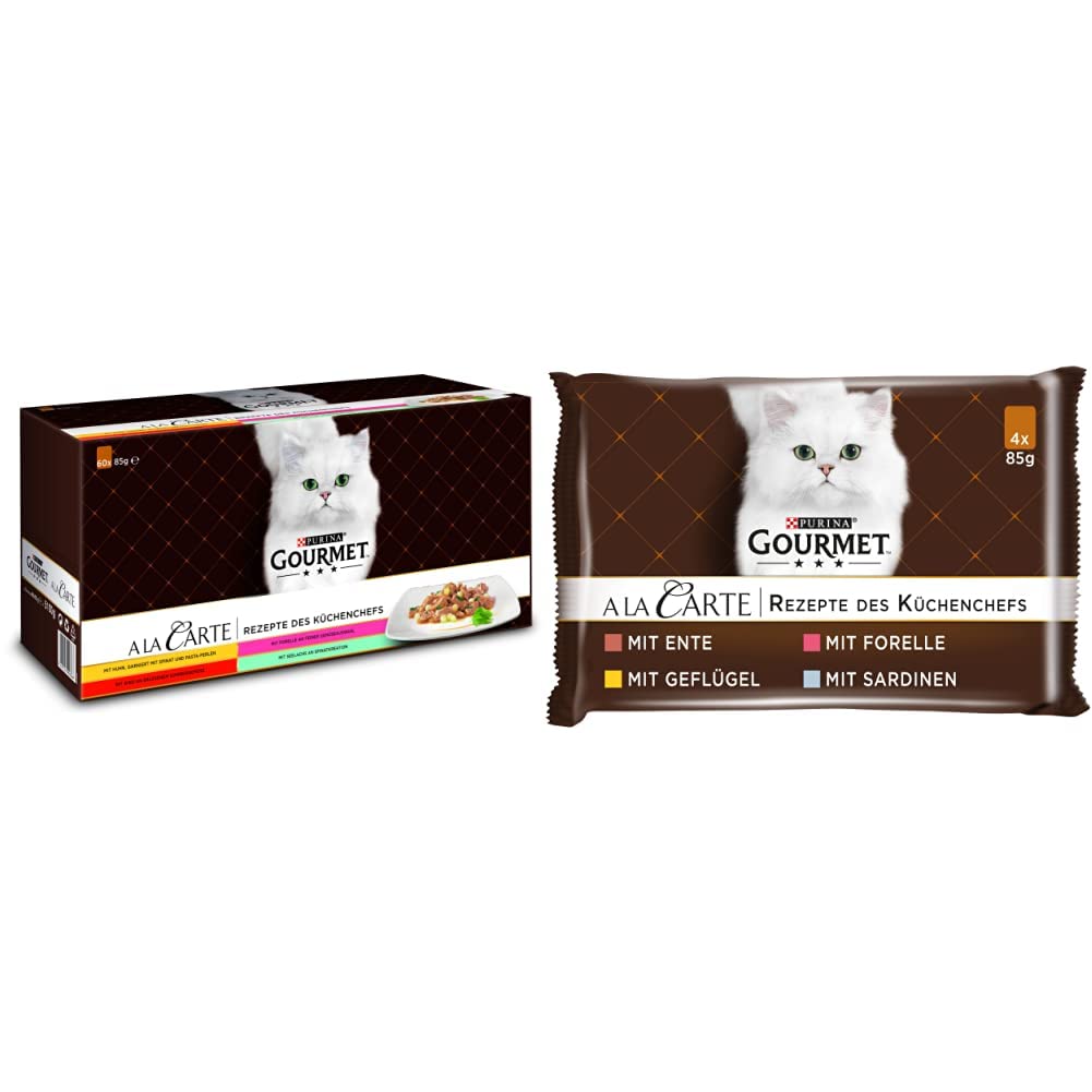 PURINA GOURMET A la Carte Katzenfutter nass, Sorten-Mix, 60er Pack (60 x 85g) & A la Carte Katzenfutter nass, Sorten-Mix, 12er Pack (12 x 4 Beutel à 85g)