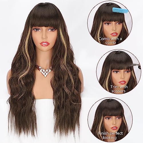 ORSUNCER Long Wavy Wigs with Bangs for Women Ombre Wig Synthetic Wavy Hair wigs for black white women for Daily Party 26 Inches Brown Mixed Blonde