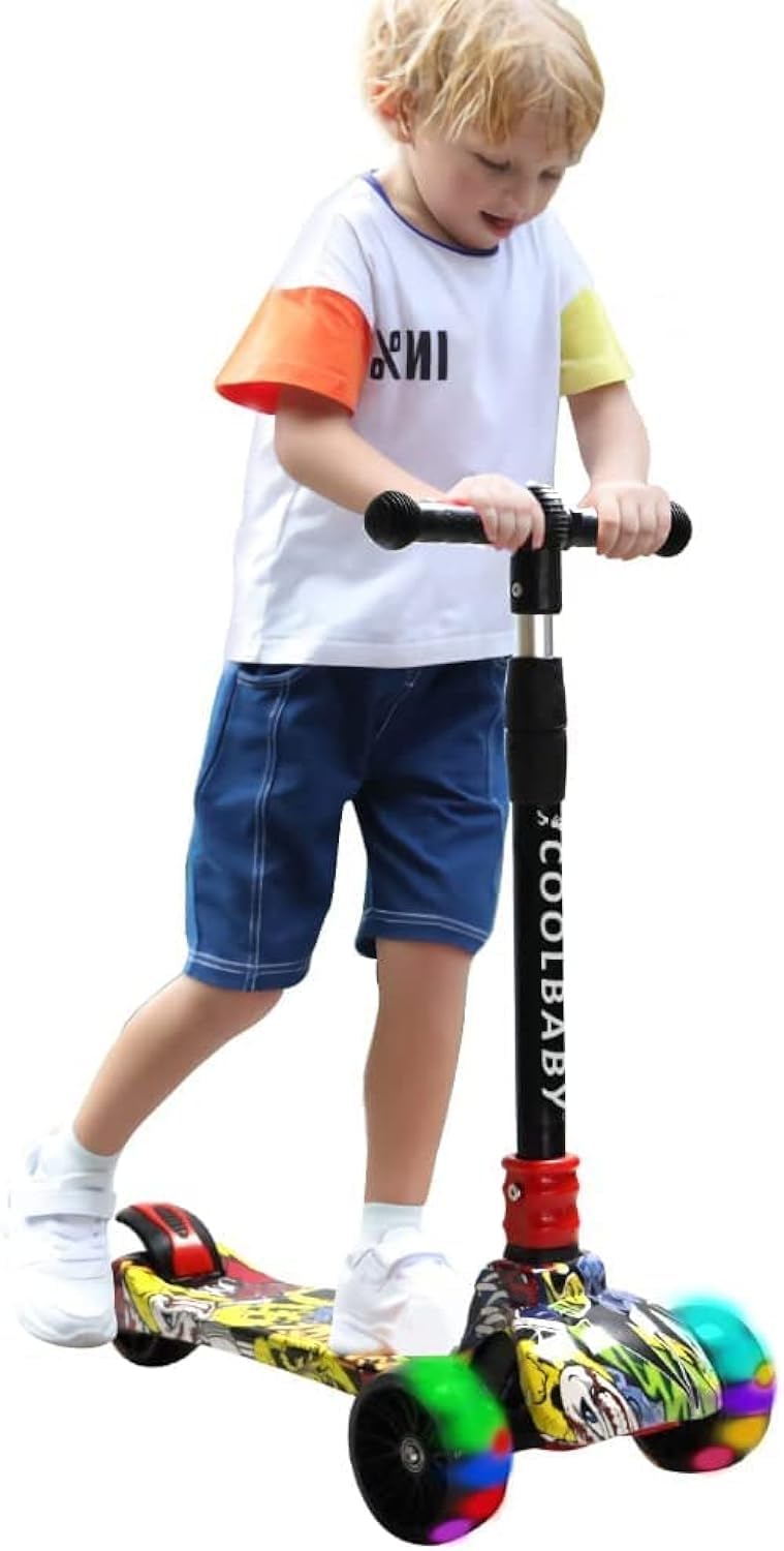 COOLBABY Folding 3 Wheel Scooter for Kids,Toddler Kids Boys Girls Adjustable Height PU Wheels Best Gifts 303-JW-TMM