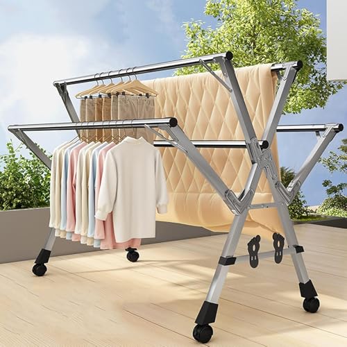 ふとんほし 屋外 ステンレス 折りたたみ式 屋外 室内 ベランダ 風に強い 錆びない 、布団干し 物干しスタンド キャスター付 物干し台 業務用 X型 物干しスタンド 床乾燥ラック 家庭用 布団収納ラック 衣類収納ハンガー(2.4M)