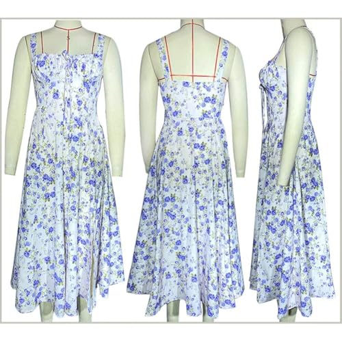 Image of Floral Corset Midi Dress Square Neck A Line Dress with Slit | Square neck floral midi dress with front tie bust wide straps A-line skirt side slit and lightweight fabric