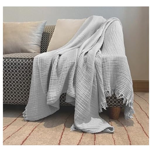 100% Organic Muslin Cotton Throw Blanket for Couch, Adult, Sofa, Bed, 4 Layers Pre-Washed Natural Dyed Yarn, Breathable Soft, Cozy, Warm, Lightweight, All Season (55"x60" Light Gray)