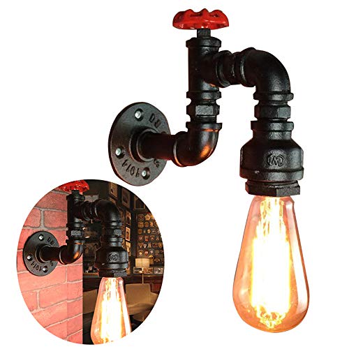Tuyau D'eau Fer Lampe Appliqué Murale Interieur Retro Vintage Industrielle Originale Robinet Conception en Fer Noir avec Bride et Accessoires d’installation, Douille E27 220V (ampoule non incluse)