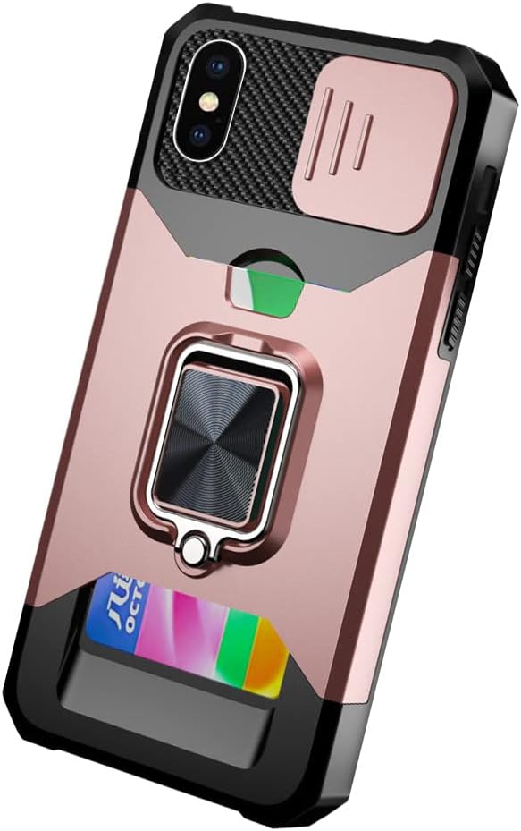 Dqtaoply Protección de la Cámara Funda con Cubierta de Cámara Deslizante y Soporte Compatible con iPhone X/XS, PC Dura y TPU Silicone Anti-Choque Case para iPhone X/XS,Oro Rosa