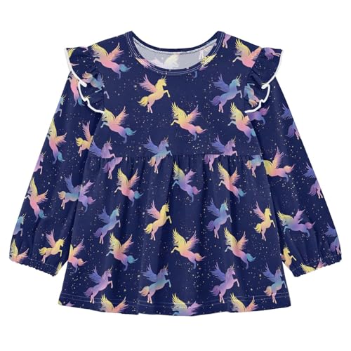 Colorful Unicorn Star Girls Shirts Cotton Long Sleeve Ruffle Toddler Tee Tops