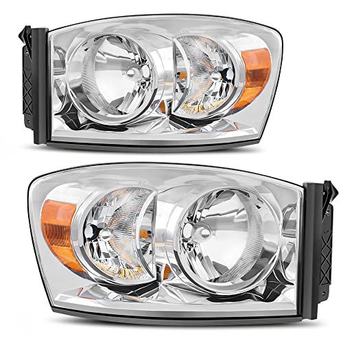 Image of OEDRO Headlight Assembly Replacement for 2007 2008 Dodge Ram 1500 /07-09 Ram 2500 3500, Headlamp with Amber Reflector, Chrome Housing Clear Lens