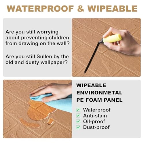Image of TEKCOOL Self-Adhesive Waterproof PE Foam 3D Wall Panels Wallpaper Sticker for Bathroom, Living Room, and Home Decoration (70 x 77cm, Appx. 5.8Sq Feet)-5 Piece-Brown'