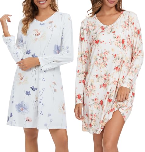 Image of Kabento 2 Pack Long Sleeve Nightgowns for Women Soft Cotton Night Gowns Sleepwear V Neck Nightshirts