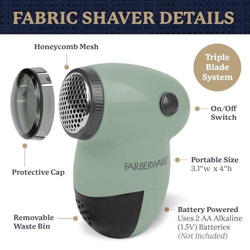 Image of Farberware Fabric Shaver & Lint Remover for Clothing, Small, Portable | Triple blade sweater shaver removes pilling, fuzz, and lint balls from clothes, couch, and furniture, battery operated