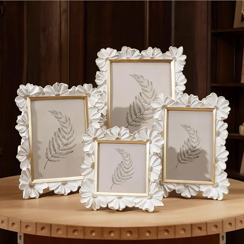 Image of Antique Floral Picture Frame - Resin & Glass Victorian-Style Frame for Tabletop or Wall Decor (White, 4 inch x 4 inch)