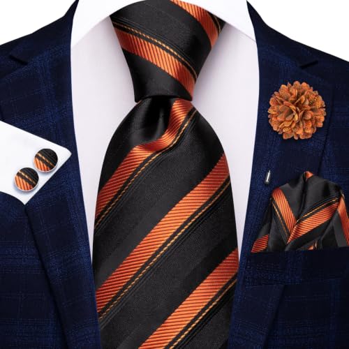 Image of Hi-Tie Men Silk Ties Set with Flower Lapel Pin Necktie Pocket Square Cufflinks for Tuxedo Wedding Business