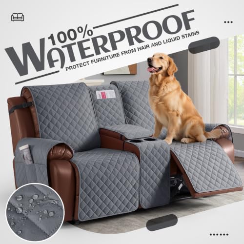 Image of KinCam 100% Waterproof Recliner Loveseat Cover with Console, Non-Slip Reclining Couch Covers for 2 Seat, Recliner Sofa Cover Furniture Protector with Elastic Straps for Kids, Pets, Dark Gray