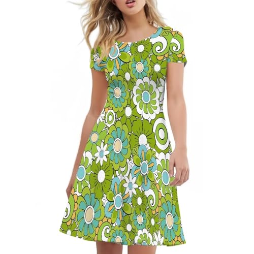 Image of POLERO Sunflower Dress for Women Floral Summer Dresses Short Sleeve Casual Sundresses Midi Dresses