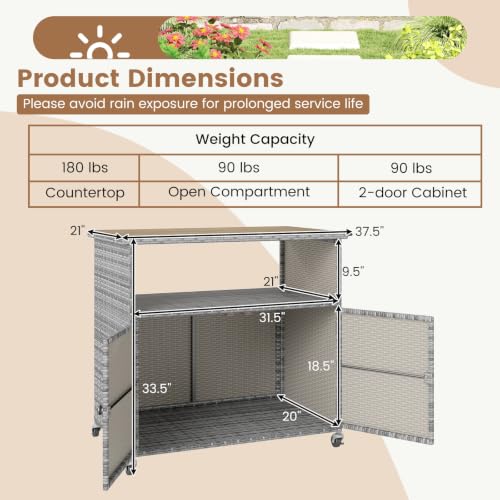 Image of Tangkula Rattan Outdoor Storage Cabinet with 4 Wheels (Mix Grey)