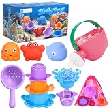 9 PCS Baby Bath Toys for Kids Ages 1-3, Mold Free Toddler Bath Toys for 2-4 with 3 No Hole Squeezing Marine Animals Toys, Bathtub Beach Sand Water Table Toys for 1 2 3 Years Old Girls Boys Gifts