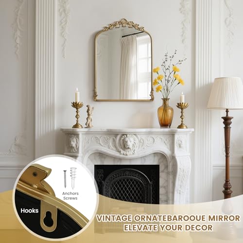Image of WallBeyond Gold Antique Mirror for Vanity 22x30 Inch, Gold Vintage Mirror with Ornate Frame, Arched Vintage Wall for Bathroom, Living Room, Fireplace