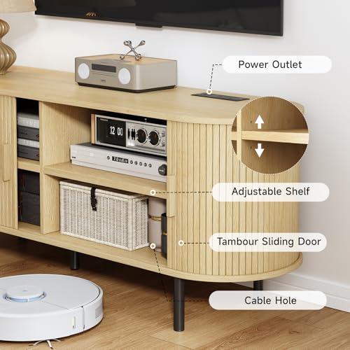 Image of 55 inch TV Stand with Power Outlet, Modern Media Console with Sliding Doors, Entertainment Center for TVs up to 60 Inch, Adjustable Shelves, Oak