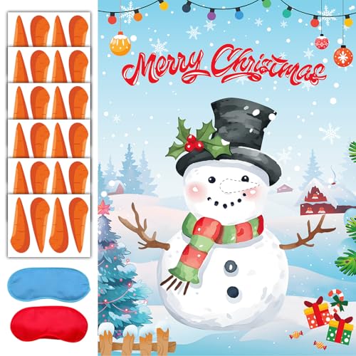 VARACL Juego de fiesta de Feliz Navidad, pin la nariz en el muñeco de nieve, juegos de fiesta de muñeco de nieve de invierno con 24 calcomanías de nariz, juegos de Navidad, aula, actividades escolares