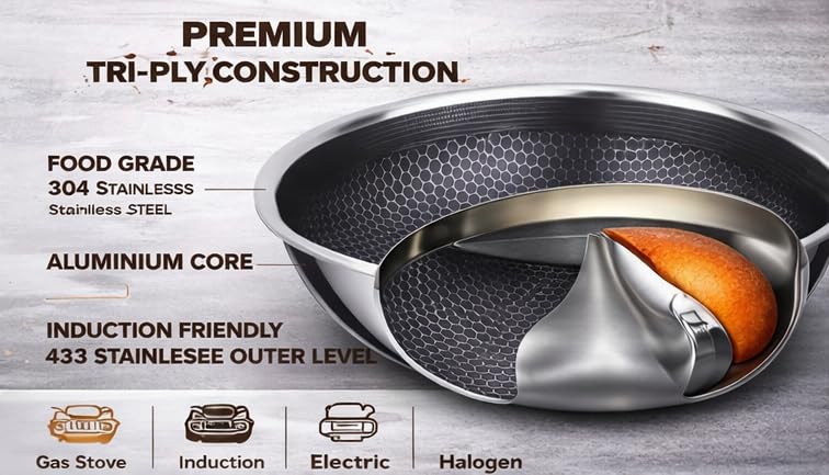 Image of Camro Stainless Steel Tasla 8 Litre 34 Cm | Triply Honeycomb Extra Deep Tasla with Lid | 3-Layer Body | Tri ply Kadai Cookwear Taslas for Cooking | Induction & Gas Stove