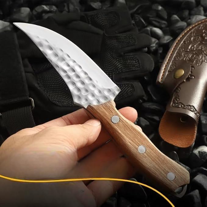 Image of Chef Knife Full Tang High Carbon Steel Blade with Wooden Handle - Professional Butcher Boning Knife, Kitchen Use with Leather Sheath, Hammered Finish, Damascus Pattern