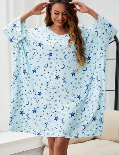 Image of Chunoy Women Oversized Nightgown Short Sleeve Sleepwear Dress with Pockets