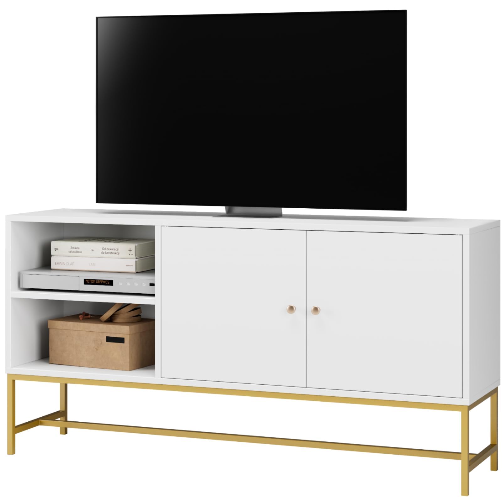 Meuble TV blanc et doré 120 cm pour illuminer vos soirées cinéma dans le salon